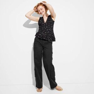 Women's Mid-Rise Straight Leg Cargo Pants - Wild Fable™ Black XS: Elastic Waist,